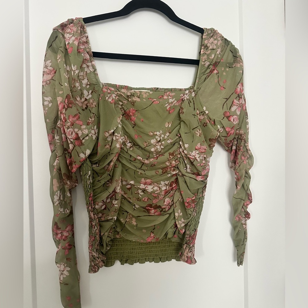 Maeve Anthropologie Floral Green Ruched Top